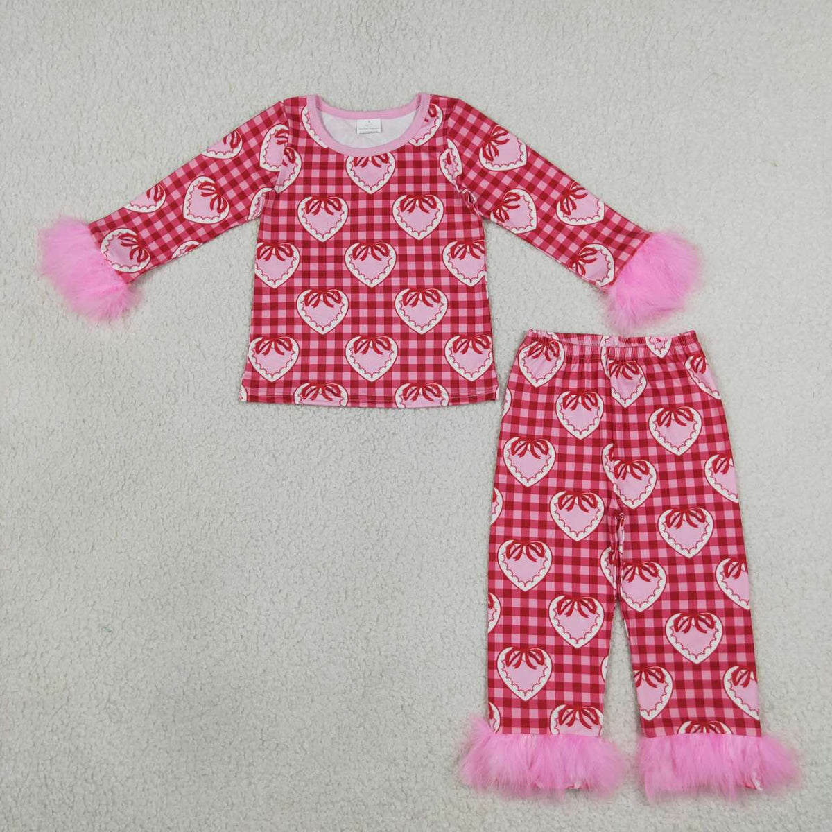 Hearts Pink Bows Checkered Print Girls Valentine's Day Fur Pajamas Clothes Set