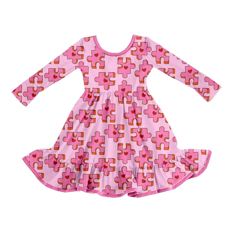 (Custom Design Preorder MOQ 5) Pink Puzzle Heart Print Girls Valentine's Day Dress