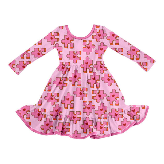 (Custom Design Preorder MOQ 5) Pink Puzzle Heart Print Girls Valentine's Day Dress