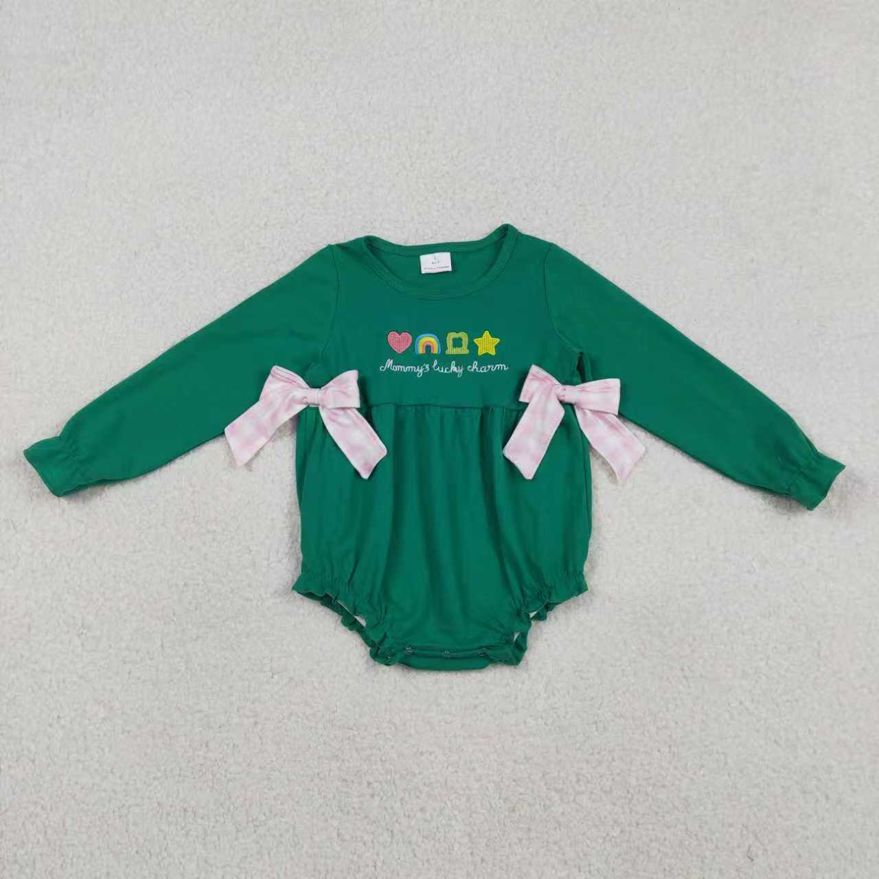Sibling Baby Girls Embroidery Clovers Bows Tunic Pants St Patrick Clothes Set Ruffle Rompers