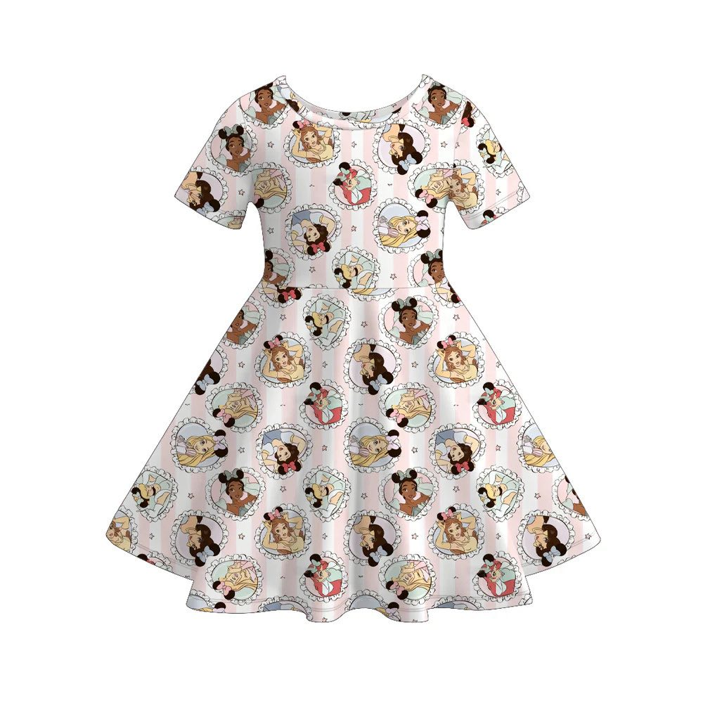 (Custom Design Preorder MOQ 5) Cartoon Princess Girls Short Sleeve Dress