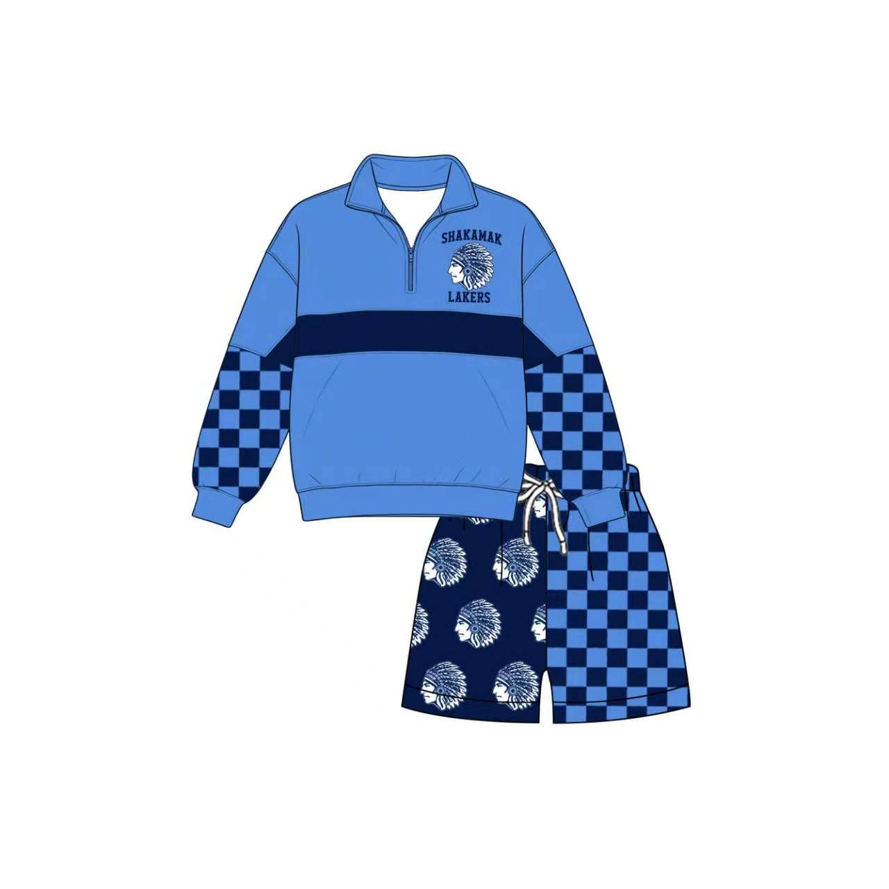 (Custom Design Preorder MOQ 5) Teams Shakamak Lakrs Blue Print Kids & Adult Long Sleeve Zipper Top Pockets Shorts Clothes Set