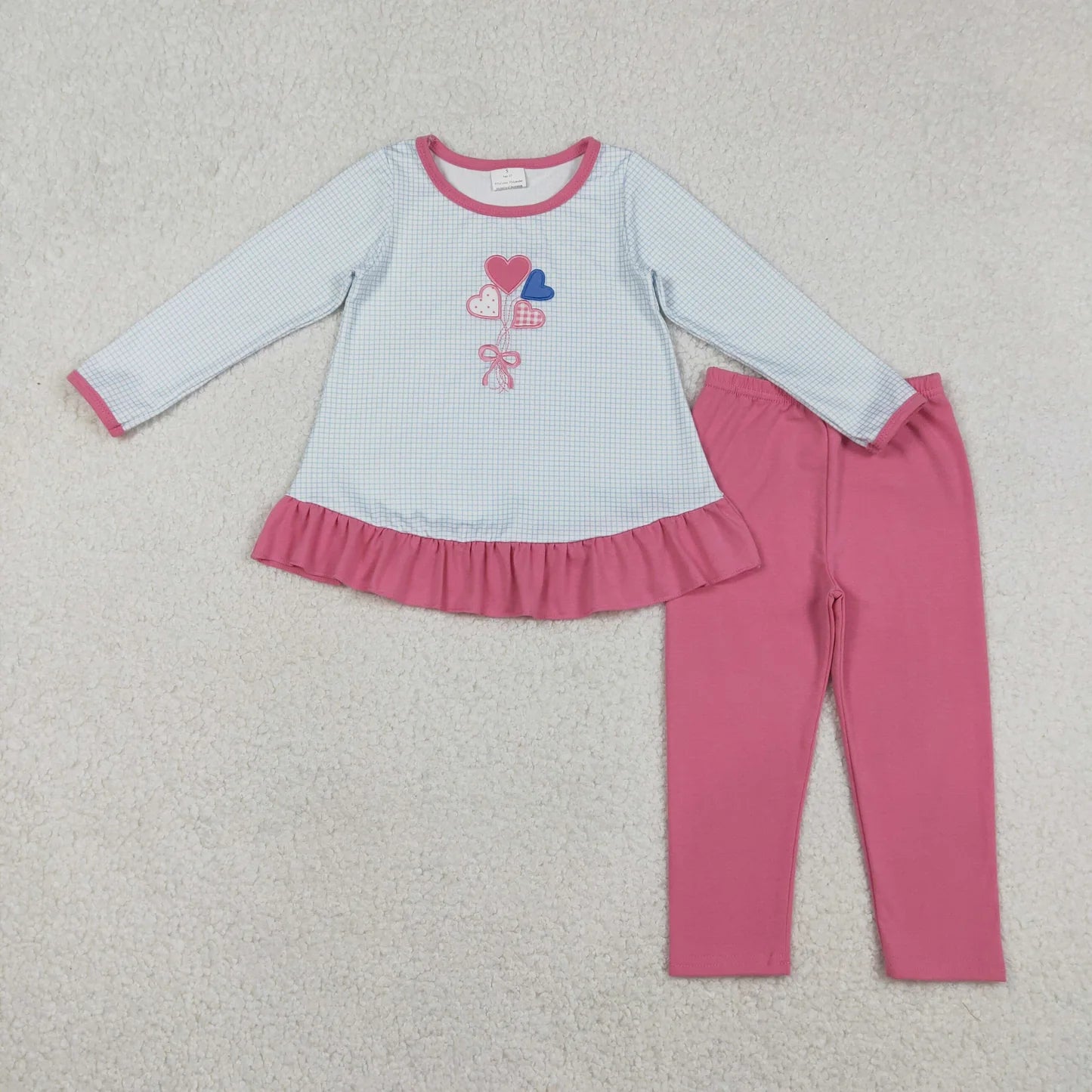 Embroidery Heart Blue Gingham Long Sleeve Tunic Top with Pink Leggings Valentines Outfit