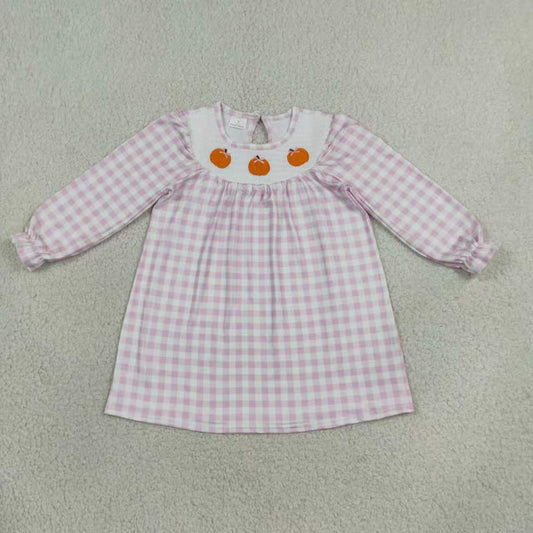 Sibling Baby Girls Embroidery Pumpkin Gingham Long Sleeve Smocked Dress and Bubble Romper