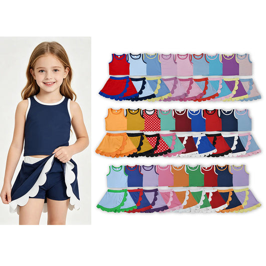 35 Colors Teams Tank Top Scallop Edge Skort Baby Girls Active Clothes Set Sisters Yoga Outfits
