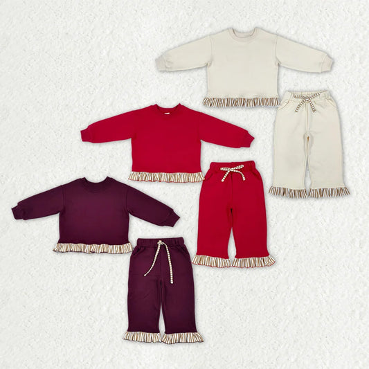 Sibling Toddler Girls Striped Ruffle Trim Long Sleeve Sweater Pocket Pants Outfit