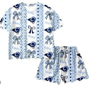 (Custom Design Preorder MOQ 30) Baby Girls Rams Bows Stripe Top Short Team Scallop Clothes Sets