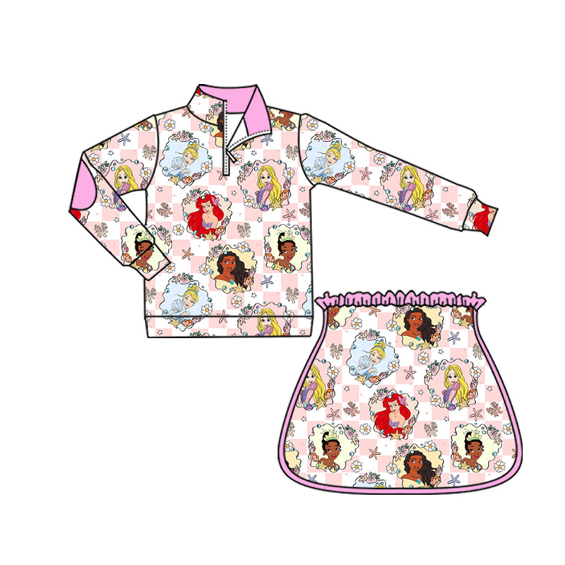 (Custom Design Preorder MOQ 5) Cartoon Princess Flowers Plaid Zipper Pullover Top Skort Girls Clothes Set