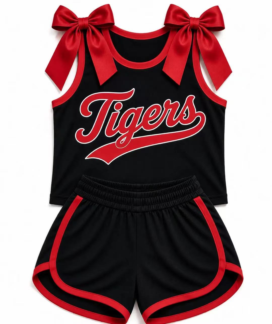 (Custom Design Preorder MOQ 5) Girls Red Bow Black StrapTigers Tank & Shorts Sport Team Outfit