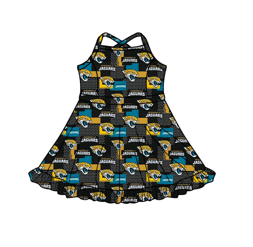 (Custom Preorder MOQ 5) Teams Jaguars Black Print Girls Strap Ruffle Knee Length Yoga Dress