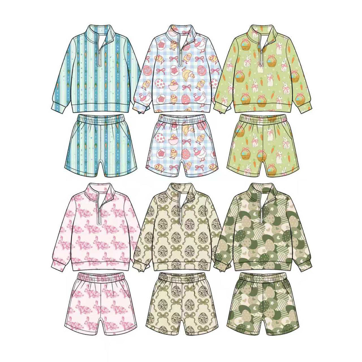 (Custom Design Preorder MOQ 5 Each) Eggs Bunny Print Long Sleeve Zipper Top Shorts Girls Easter Clothes Set Sisters Wear