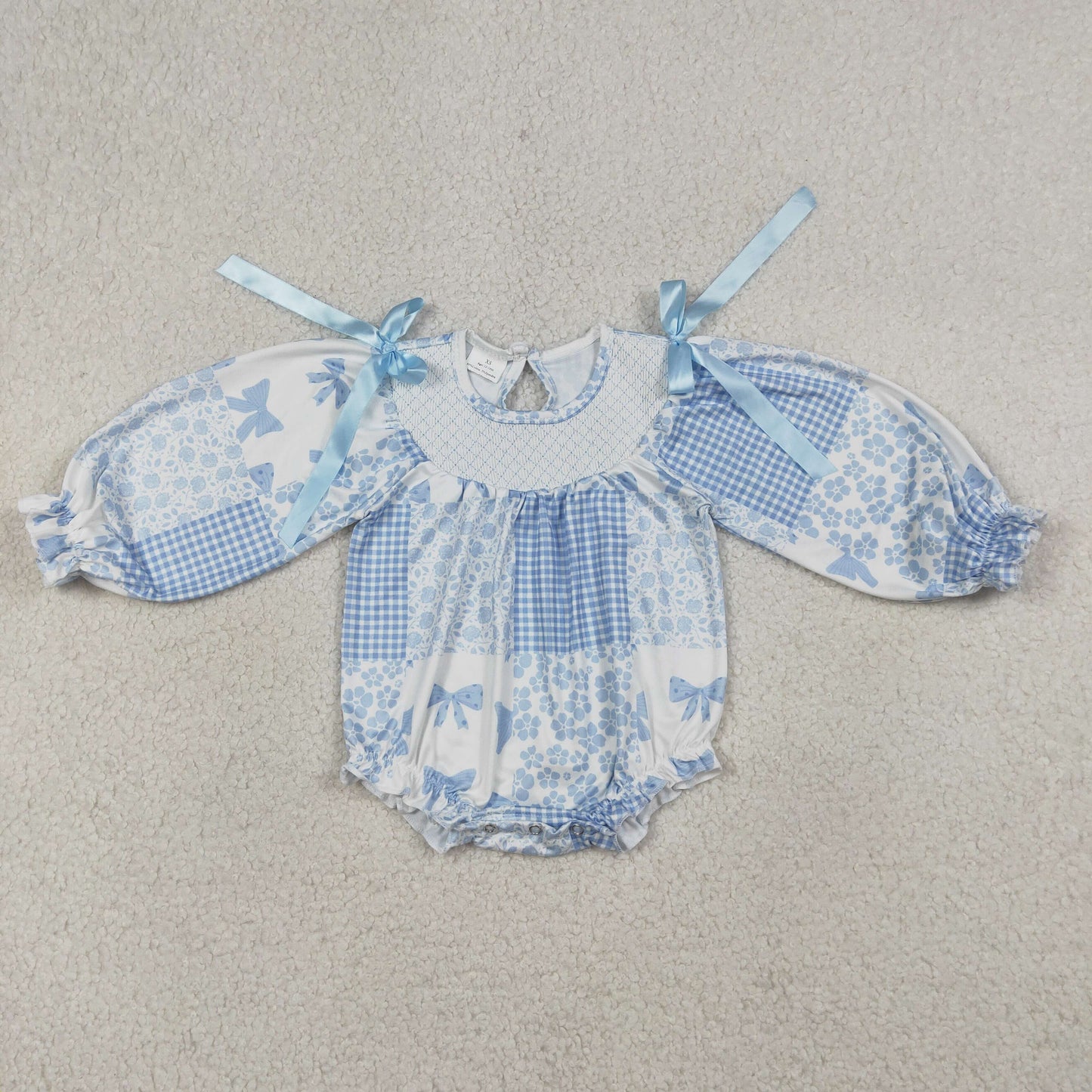 LR2931 Baby Girls Blue Bow Flowers patch Long Sleeve Smocked Bubble Romper