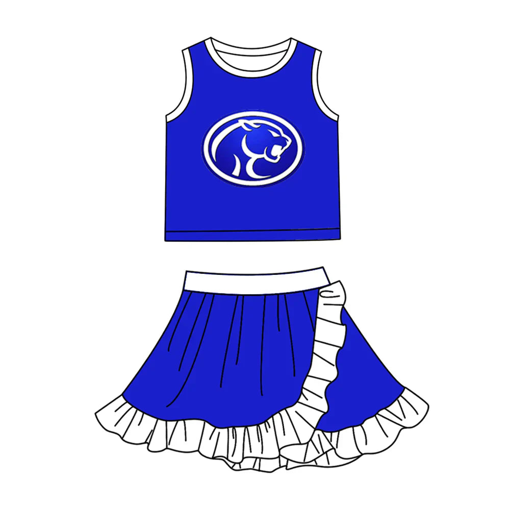 (Custom Preorder MOQ 5) Baby Girls Blue Cougars Vest Top Ruffle Skirt Short Team Clothes Sets