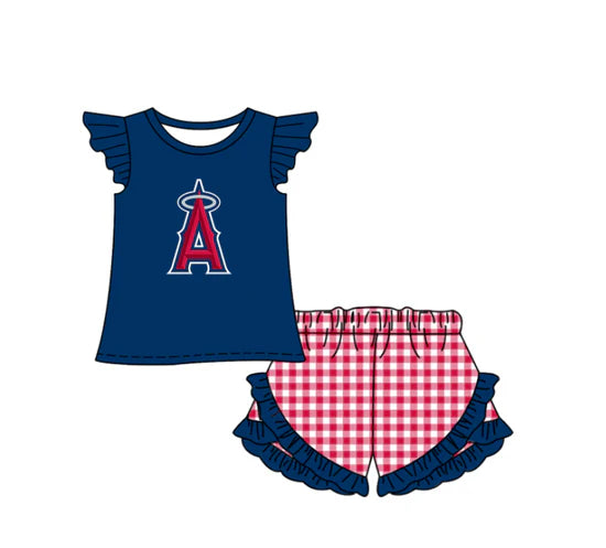 (Custom Preorder MOQ 5) Baby Girls Los Angeles Angels Top Checked Ruffle Short Team Outfit