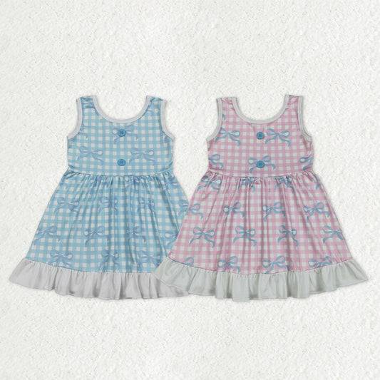 Sibling Baby Girls Sleeveless Bows Checked Button Ruffle Knee Length Dresses