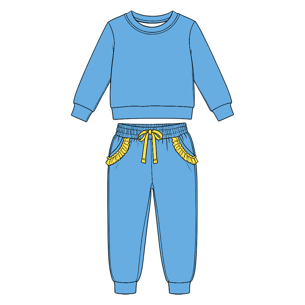 (Custom Design Preorder MOQ 5 Each) Solid Color Cotton Long Sleeve Top Ruffle Pants Girls Princess Clothes Set Sisters Wear
