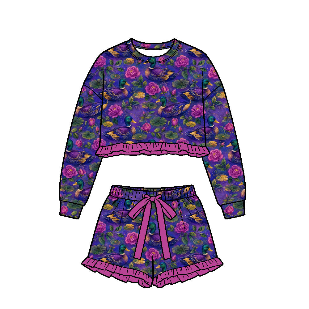 (Custom Design Preorder MOQ 5) Mallard Duck Flowers Print Long Sleeve Top Shorts Girls Ruffle Clothes Set