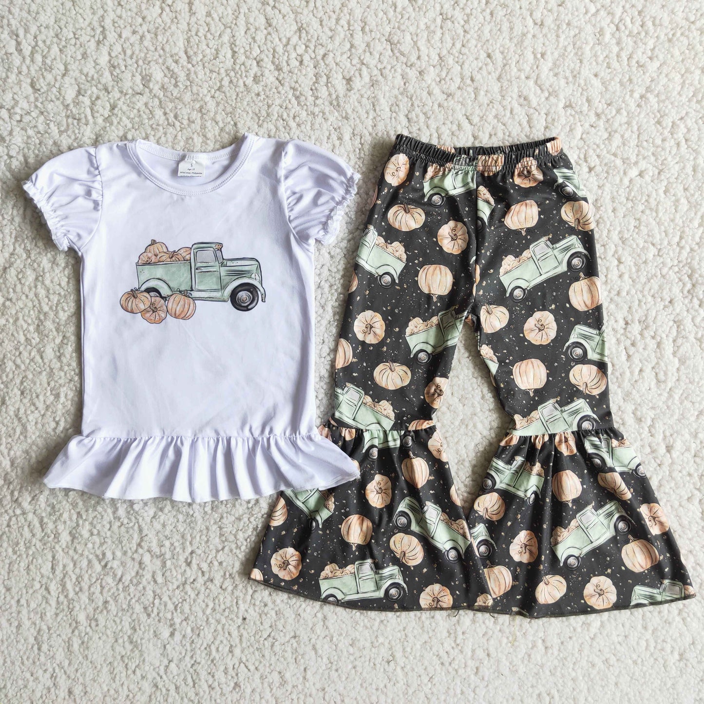 A15-10 Pumpkin Trucks White Top Bell Pants Girls Fall Clothes Set