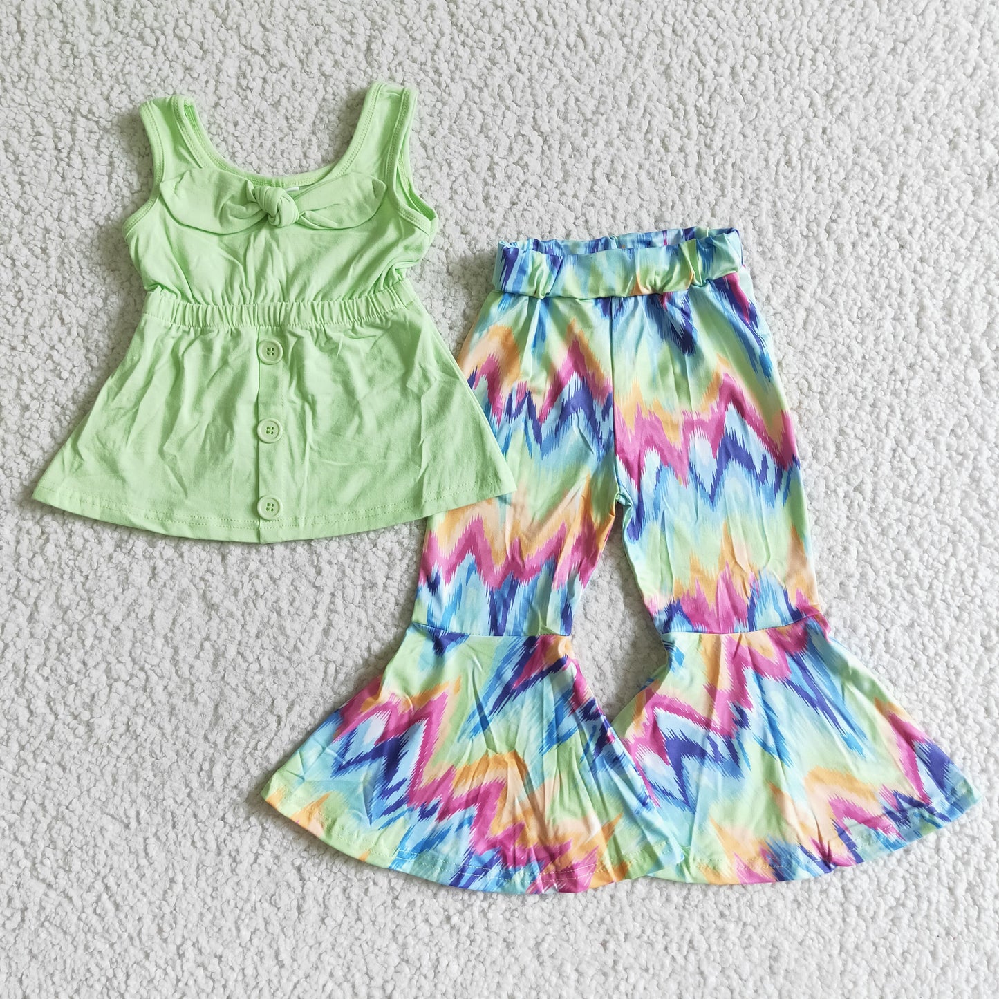 (Promotion)Sleeveless Green Tunic Top Tie-dye Bell Pants Girls Outfits A17-23
