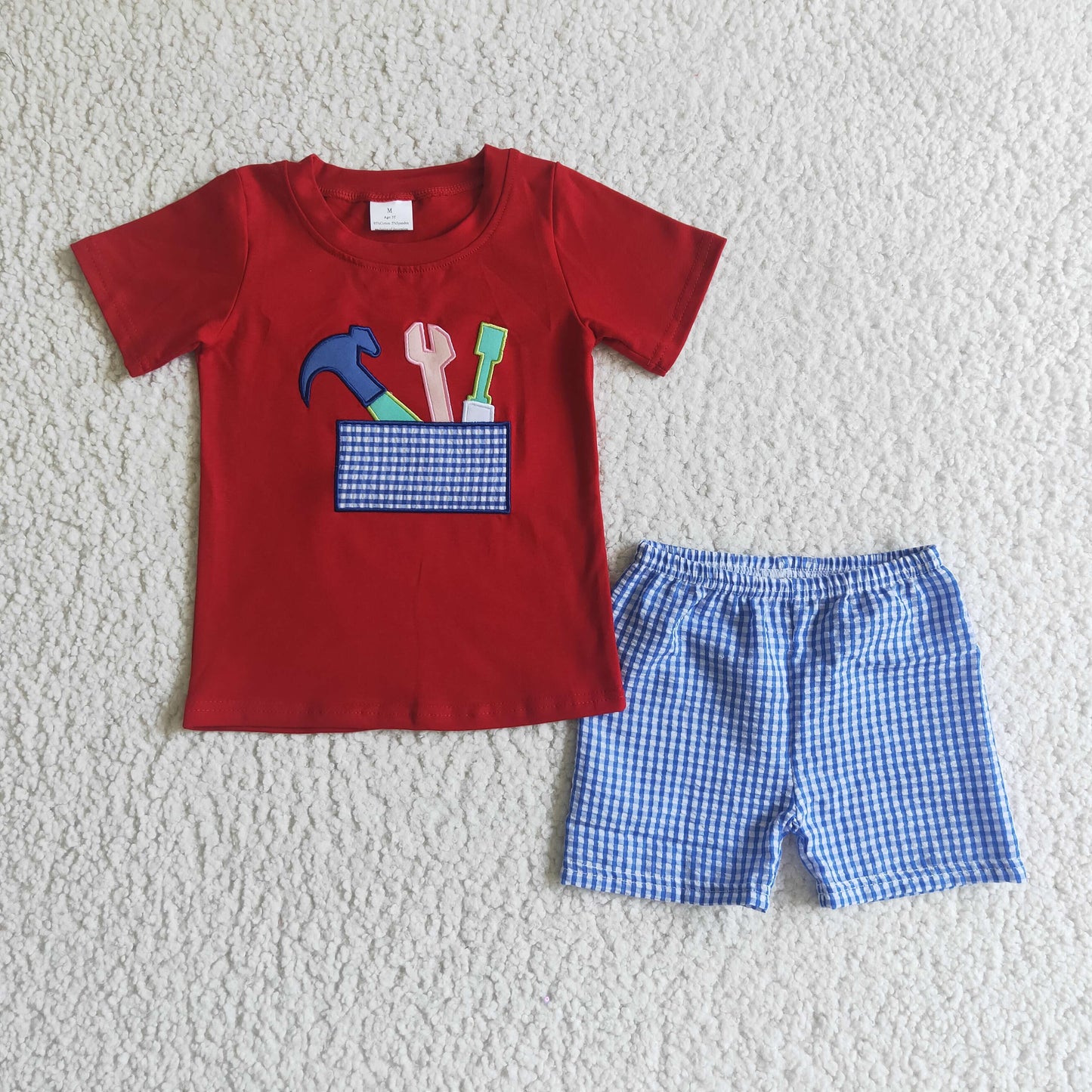 (Promotion)A4-11 Tool Embroidery Red Top Blue Shorts Boys Summer Clothes Set