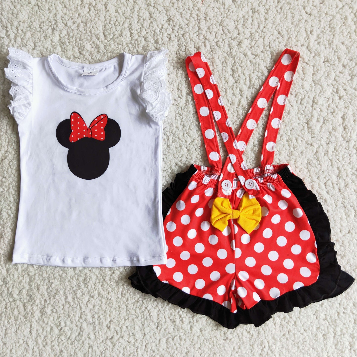 Cartoon Mouse White Top Dots Shorts Girls Summer Outfits A7-16