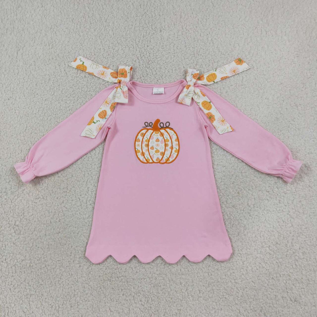 GLD1642 Pumpkin Embroidery Pink Girls Fall Scallop Edge Knee Length Dress