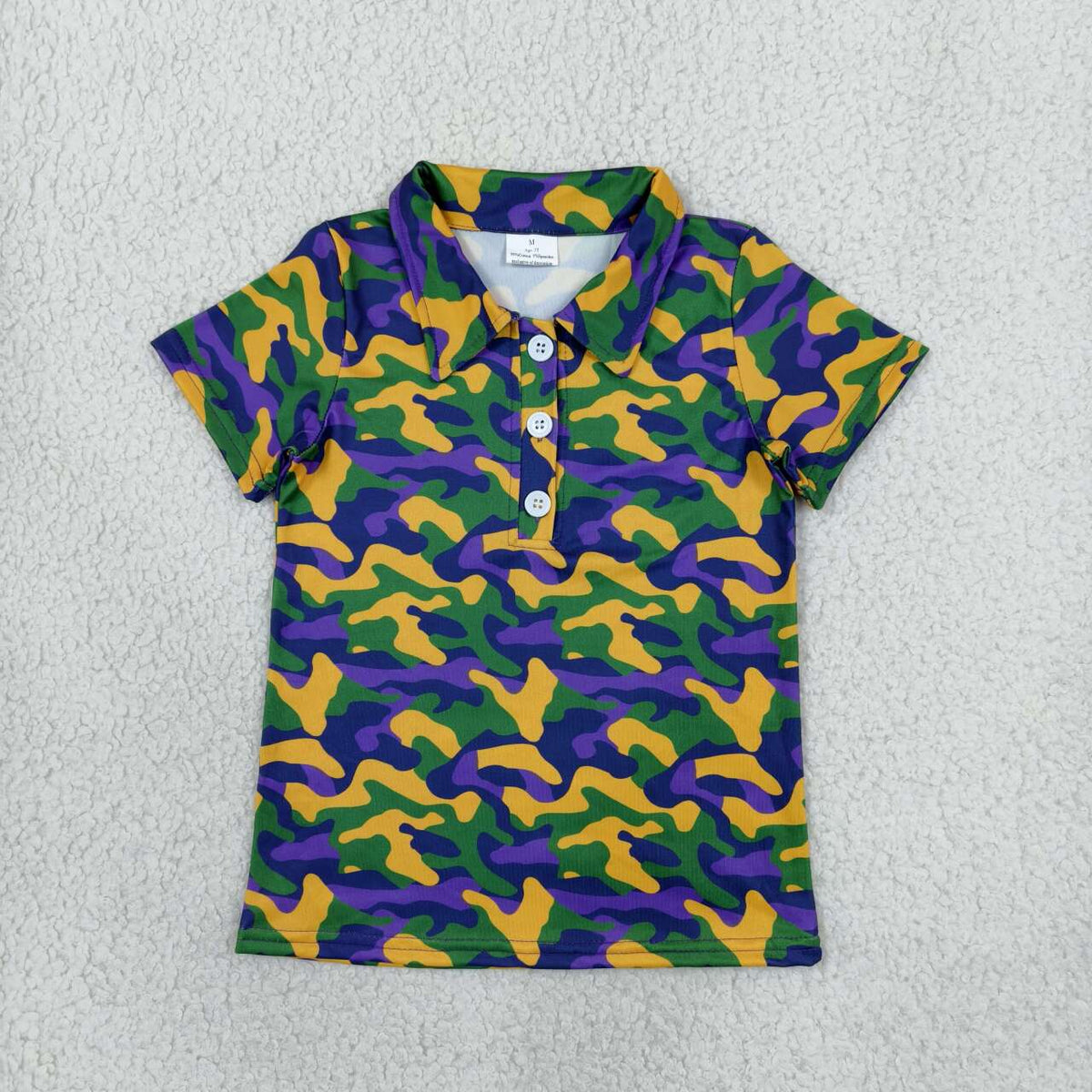 BT1958 Boys Mardi Gras Green Yellow Purple Camo Short Sleeve Polo Top
