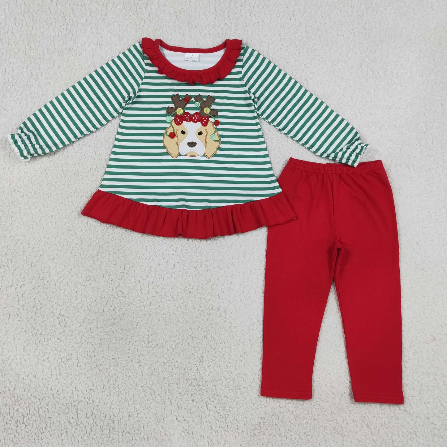 Dog Green Stripes Top Red Legging Pants Girls Christmas Clothes Set