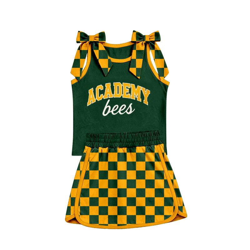 (Custom Design Preorder MOQ 5) Teams Academy Bees Bows Top Ckeckerd Skort Girls Summer Clothes Set