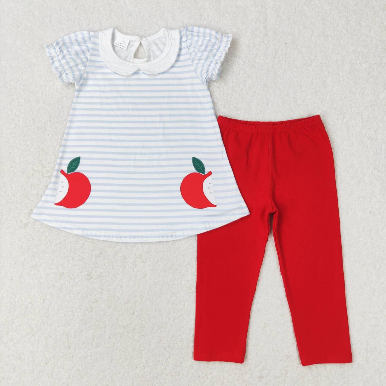 GSPO1446 Apple Blue Stripes Doll Collar Top Red Legging Pants Girls Back to School Clothes Set