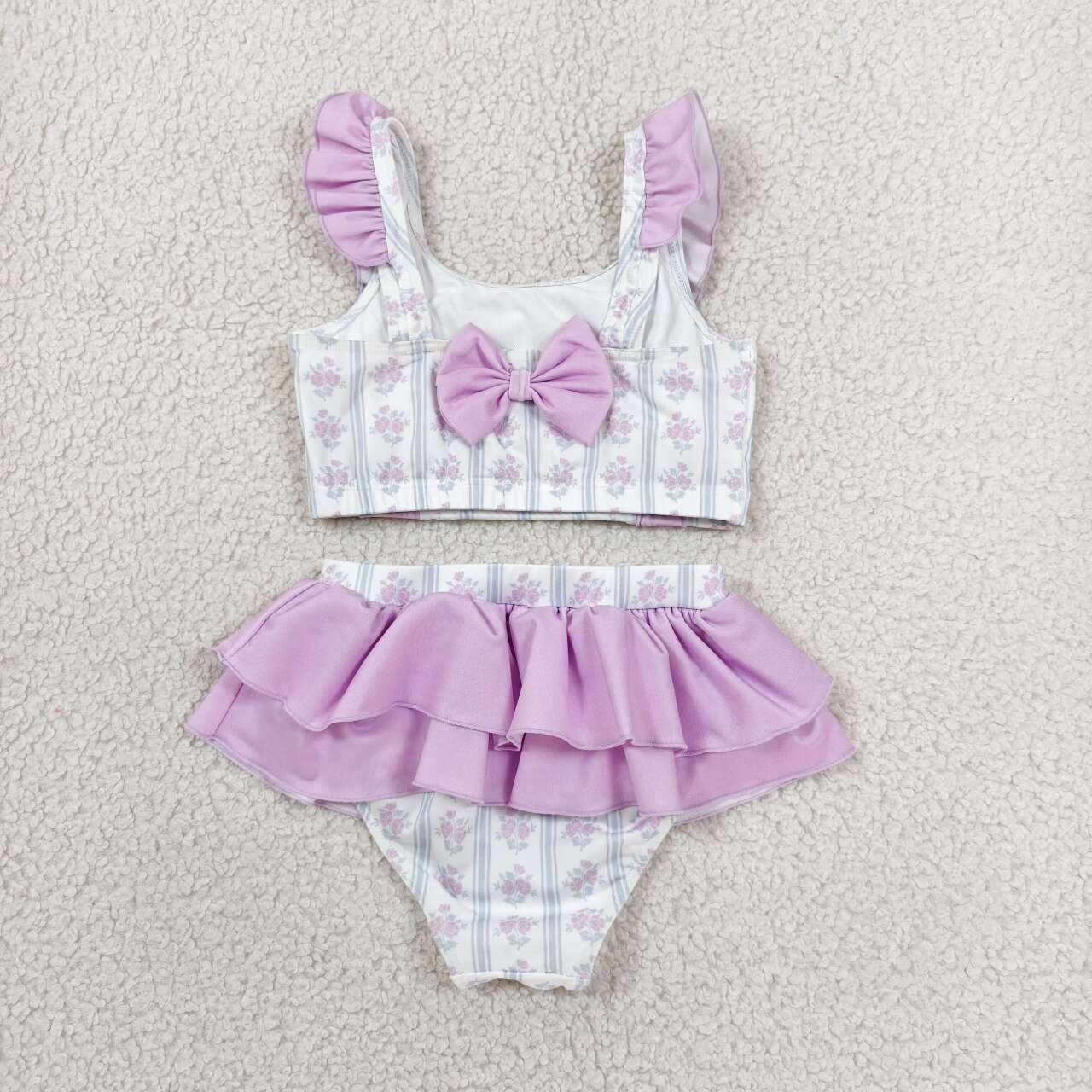 S0644 Purple Floral Stripes Print Baby Girls 2 Pieces Swimsuit With Ruffle