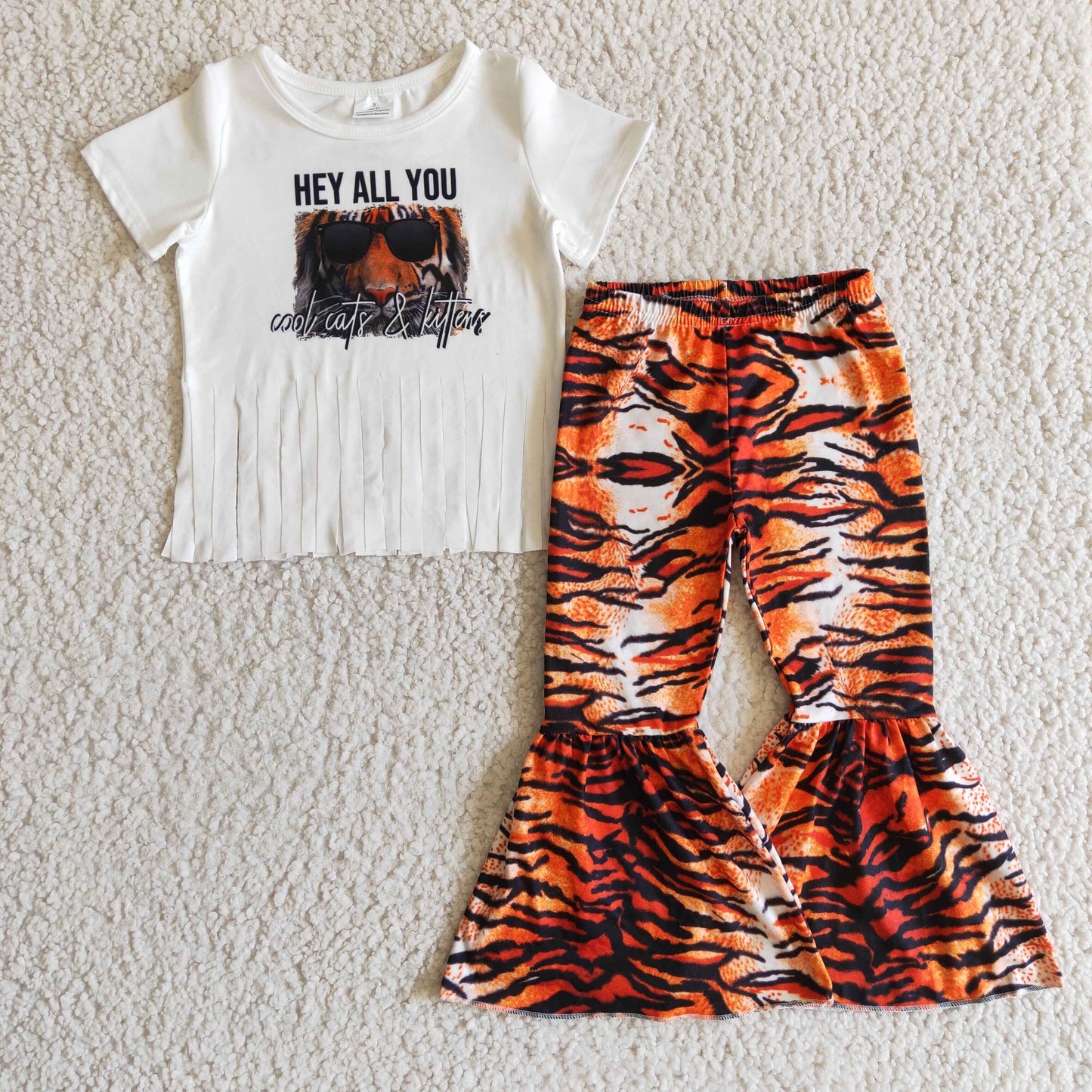 (Promotion) Tiger White Tassels Top Bell Pants Girls Outfits B12-16