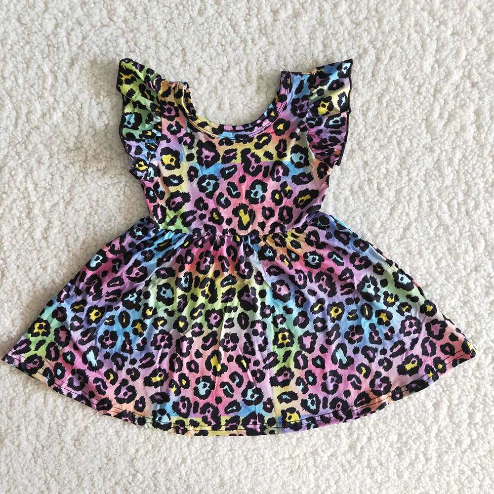 B15-13 Colorful Leopard Print Girls Summer Flutter Sleeve Dress