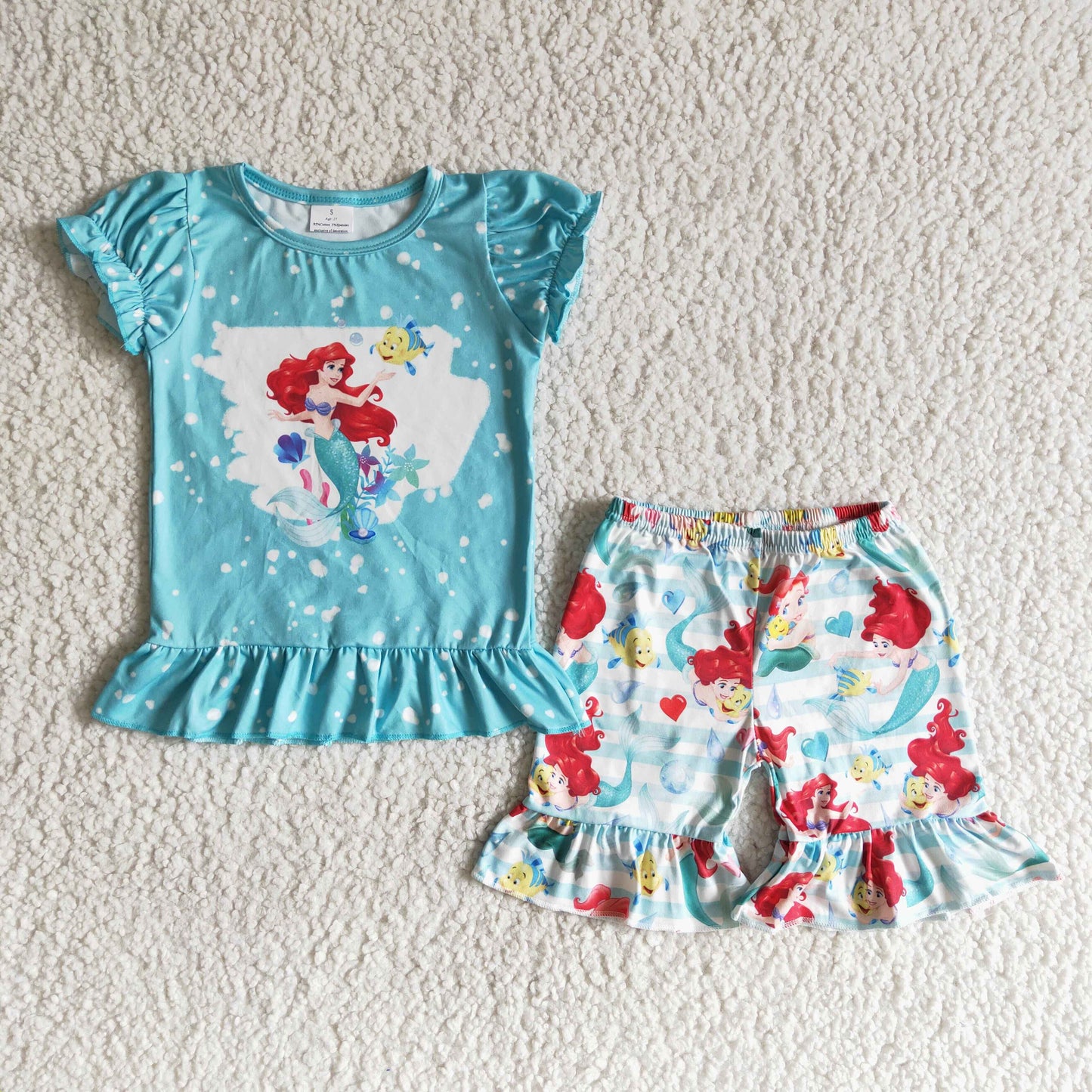 (Promotion) B17-25 Cartoon Princess Mermaid Blue Top Ruffle Shorts Girls Summer Outfits