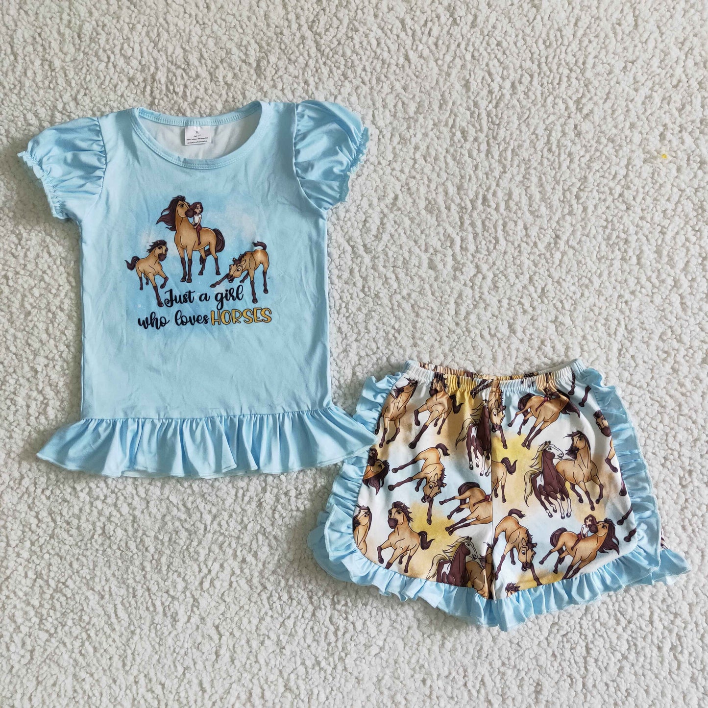 (Promotion)B17-30 Horse Blue Top Ruffle Shorts Girls Summer Outfits