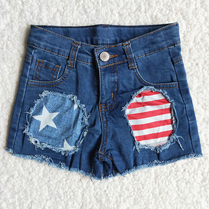 Stars Stripes Hole Blue Denim Baby Girls 4th of July Shorts B3-10