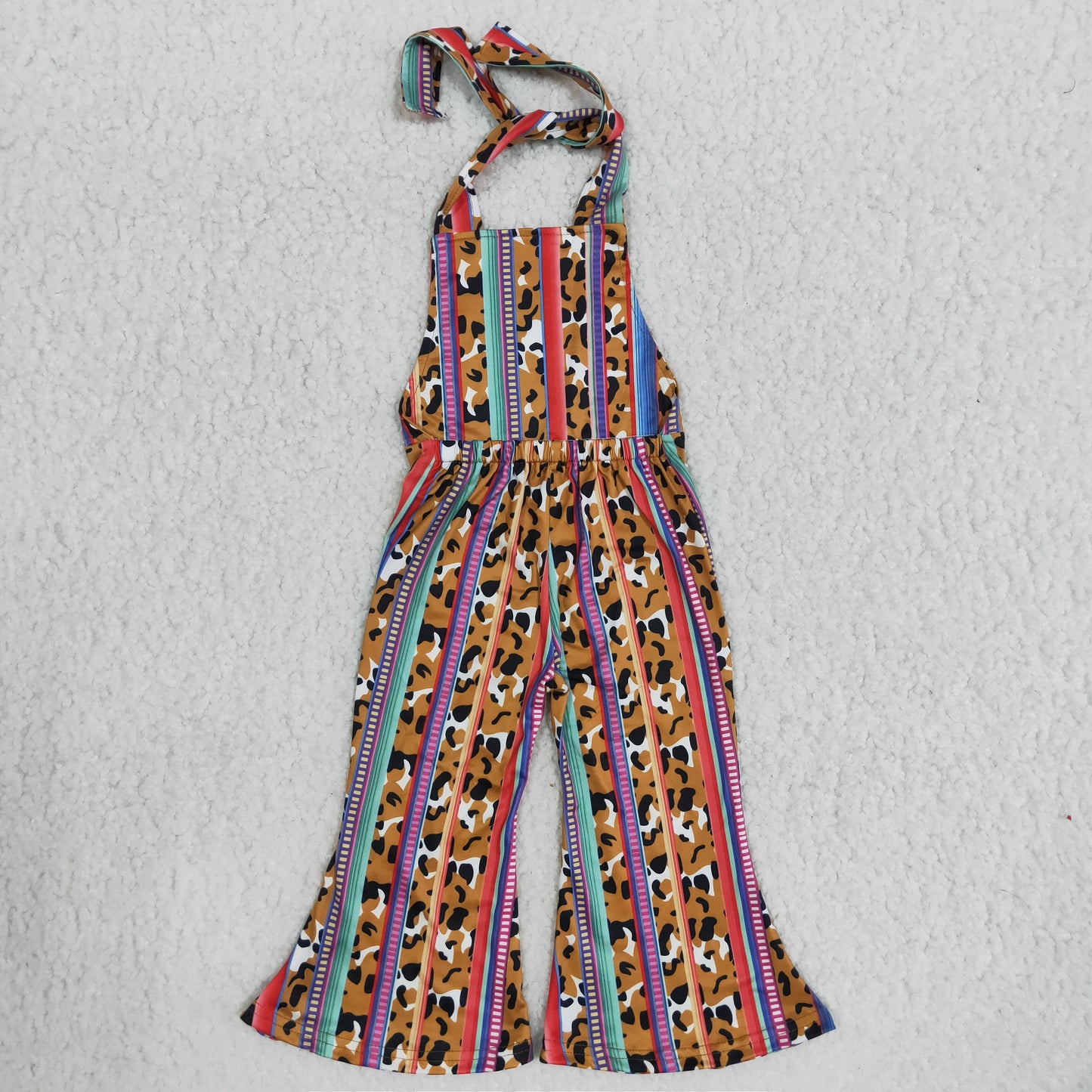 Leopard Colorful Stripes Baby Girls Halter Summer Jumpsuit B6-24