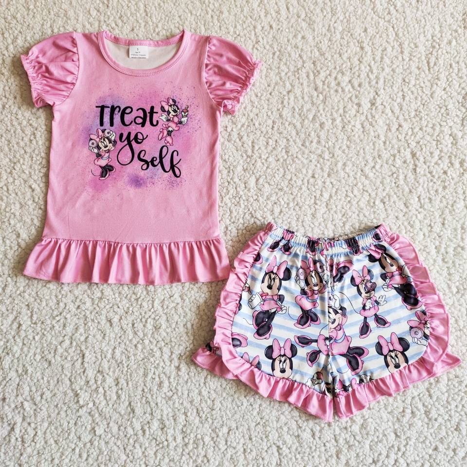 (Promotion) B7-12 Cartoon Mouse Pink Top Ruffle Shorts Girls Summer Outfits
