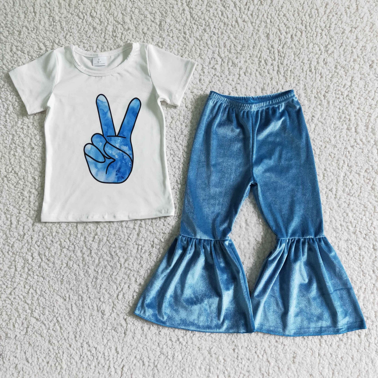 (Promotion)B8-16 Yeah White Top Blue Velvet Bell Pants Girls Clothes Set