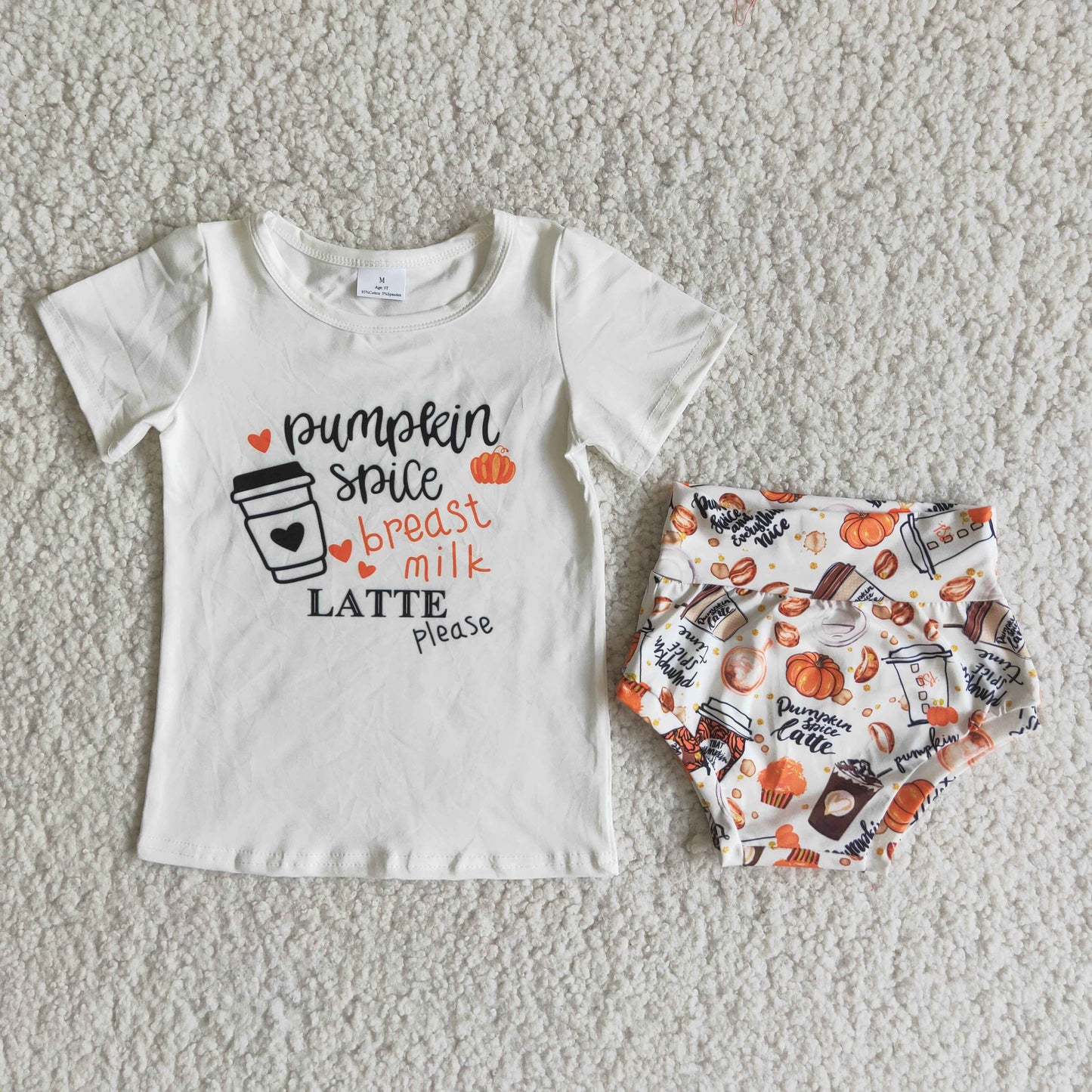 B8-9 Fall Pumpkin Coffee Baby Girls Bummie Set