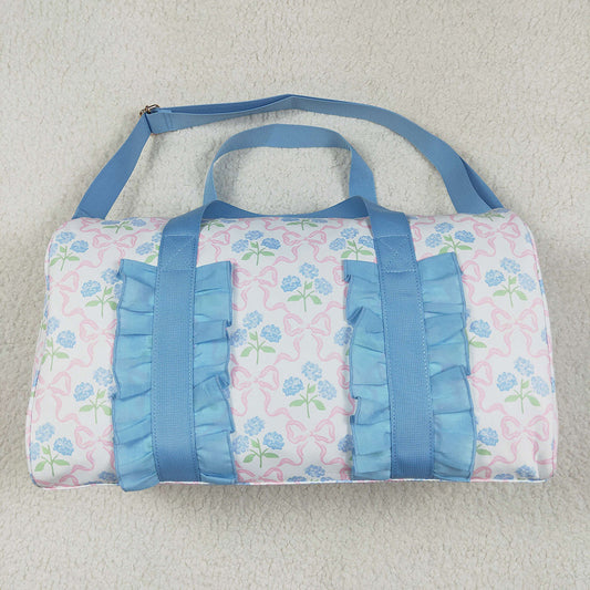 BA0294 Blue Ruffle Pink Bows Floral Gym Duffle Bags