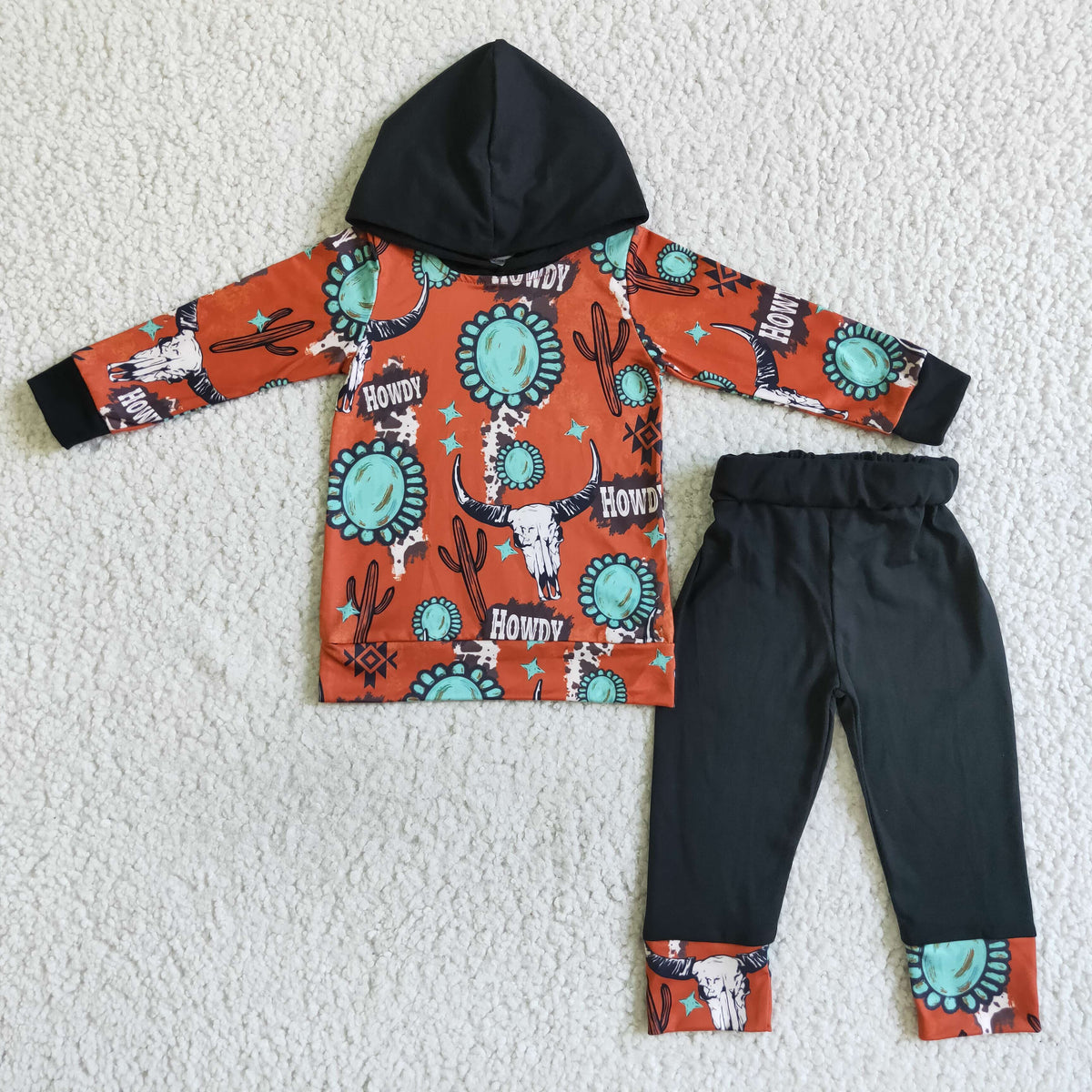BLP0031 Turquoise Cow Skull Cactus Print Hoodie Top Black Pants Boys Clothes Set