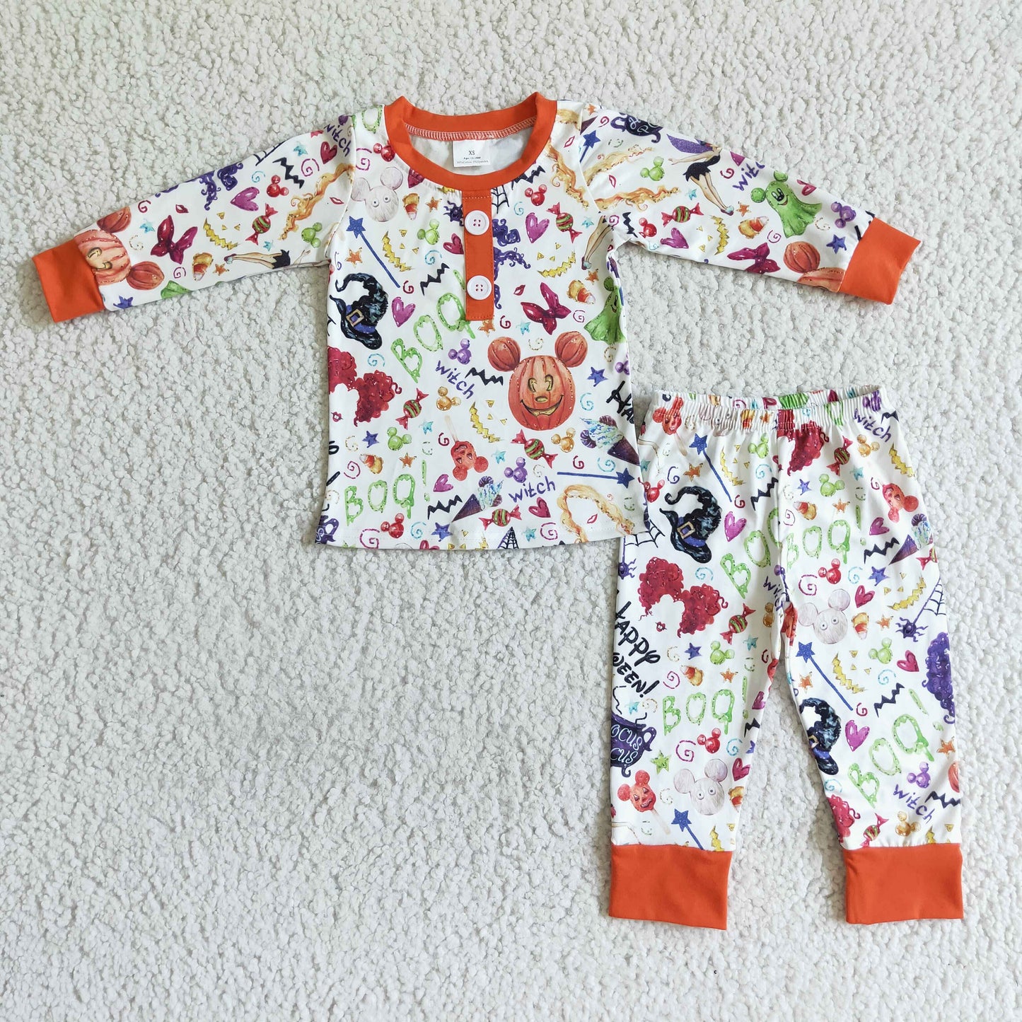 BLP0046 Cartoon Mouse Witch BOO Print Kids Halloween Pajamas Clothes Set