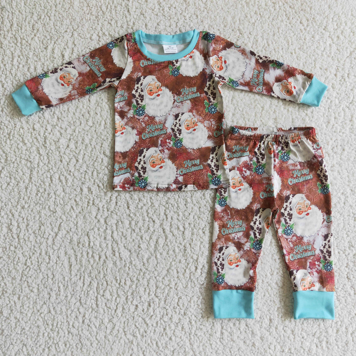BLP0097 Santa Turquoise Holly Print Kids Christmas Pajamas Clothes Set