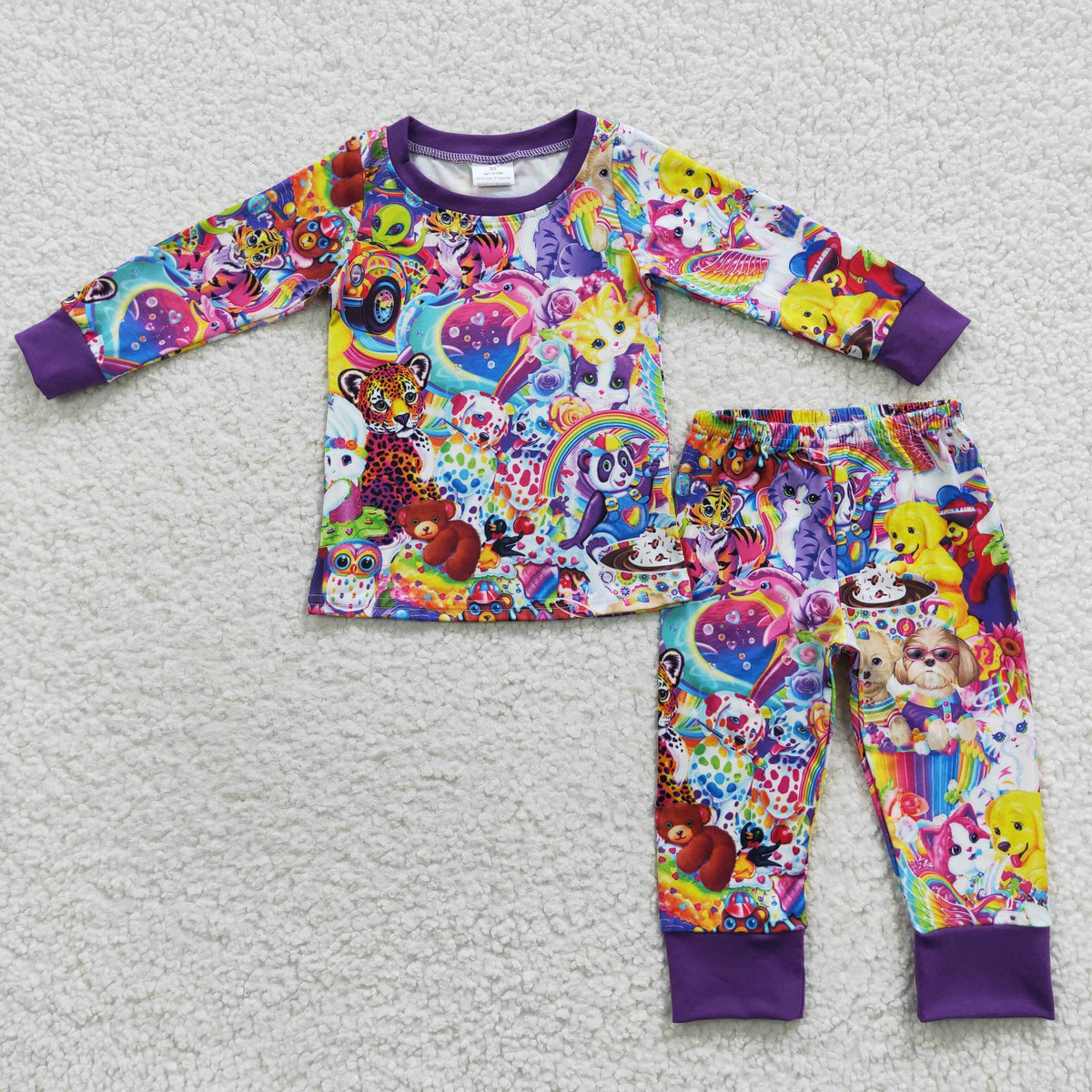 BLP0182 Cartoon Animals Rainbow Lisa Print Kids Pajamas Clothes Set