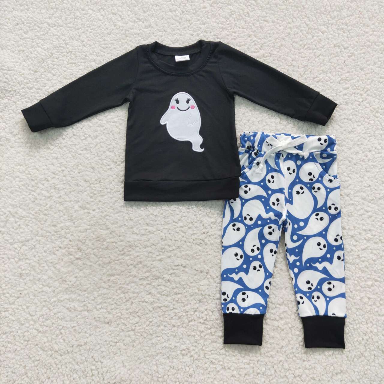 BLP0246 Ghost Embroidery Black Top Blue Pants Boys Halloween Clothes Set