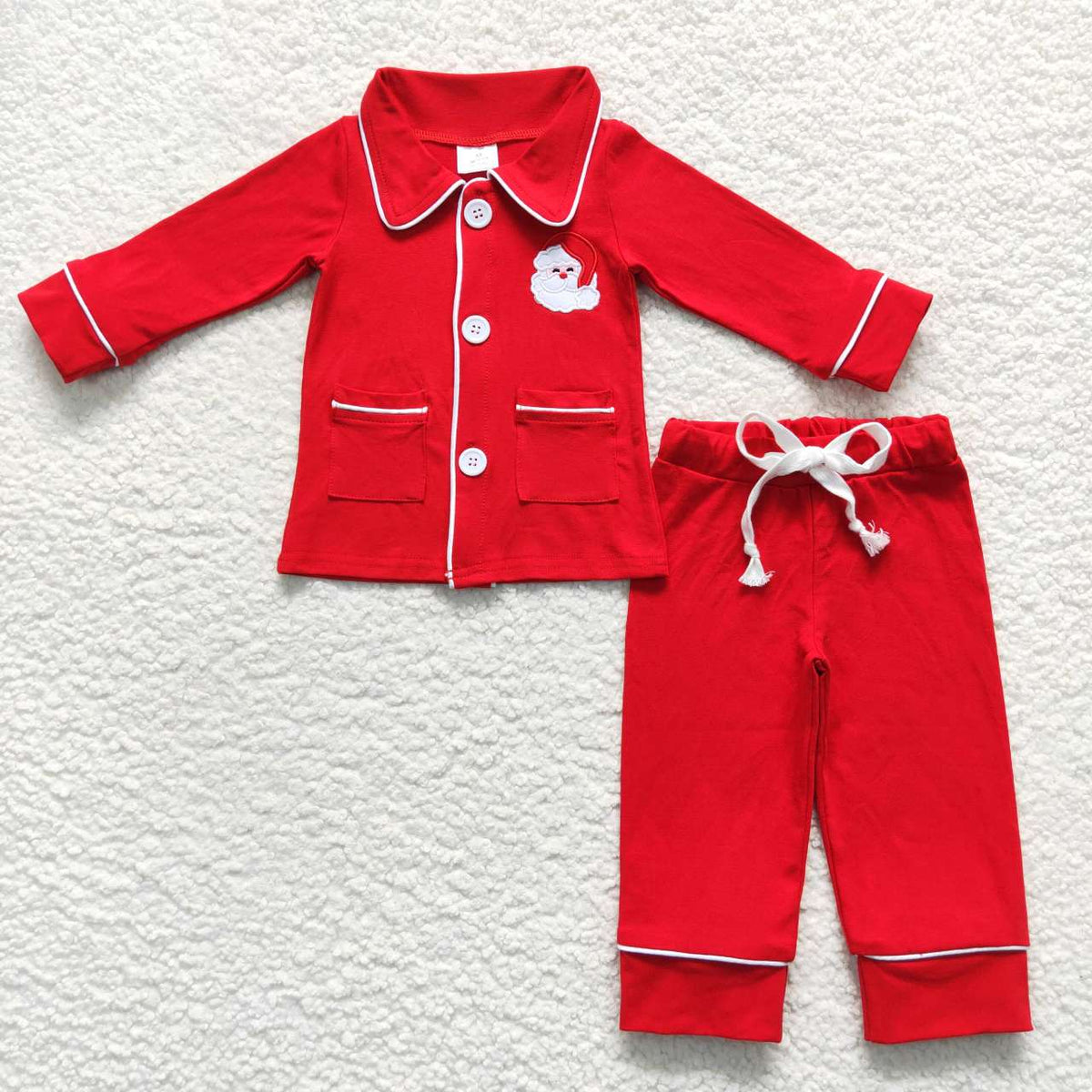 BLP0295 Santa Embroidery Red Cotton Boys Christmas Buttons Pajamas Clothes Set