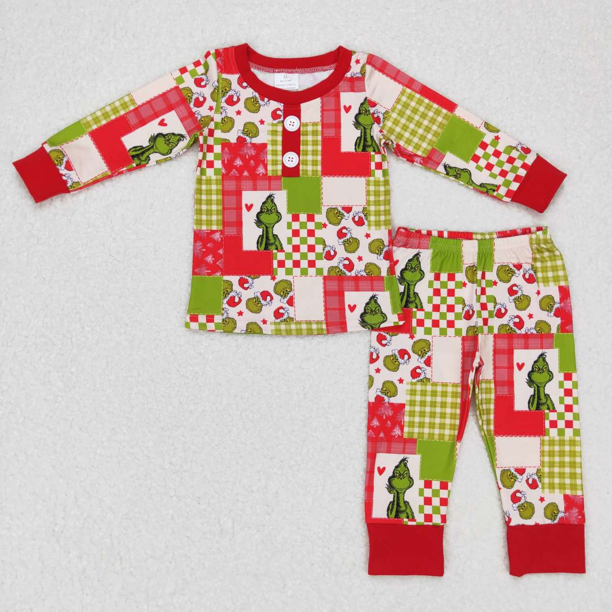 BLP0373 Green Frog Checkered Print Boys Christmas Pajamas Clothes Set