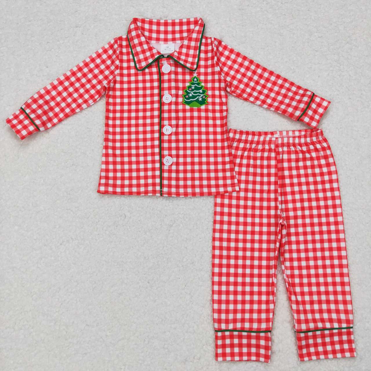 BLP0378 Tree Embroidery Red Checkered Boys Christmas Buttons Pajamas Clothes Set