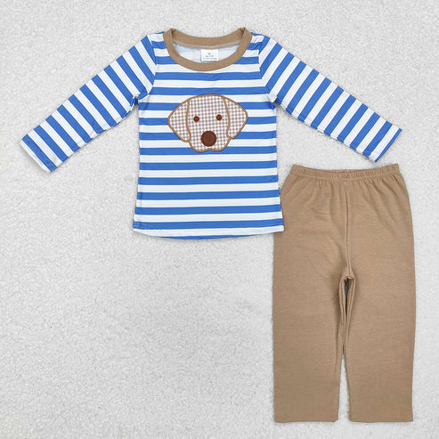 Baby Boys Embroidery Puppy Blue Striped Long Sleeve Top with Pants Outfit